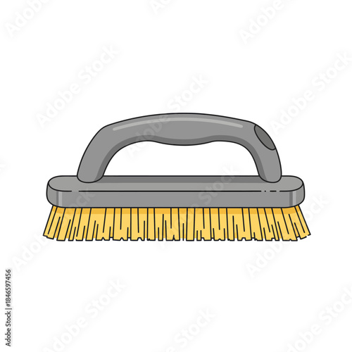 A simple cartoon illustration of a grey scrub brush with yellow bristles.