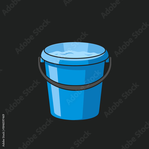 Blue Plastic Bucket Filled with Clear Water on a Dark Background.