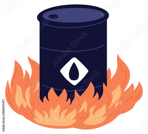 Black metal barrel of oil on fire. Ignition of petroleum products. Gas combustion. Flammable liquid. Gasoline tank with blazing flame. Ignite hazard. Petroleum burning. Vector concept