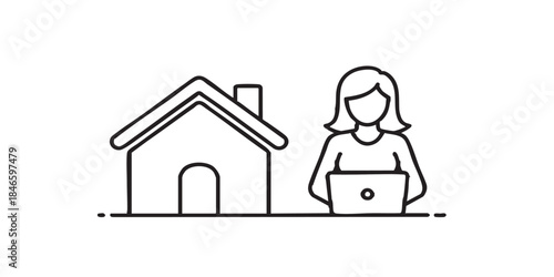 House with chimney and woman with laptop thin line icon, remote work concept, home office vector sign on white background, outline style icon mobile concept web design. Vector graphic