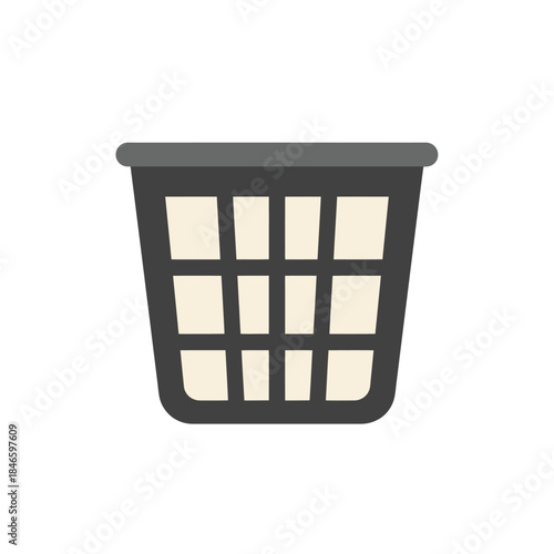 Empty black laundry basket with grid pattern on white background.