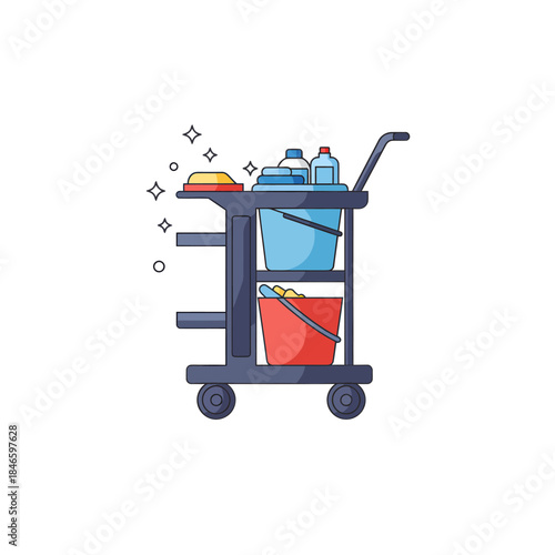 Illustrated janitorial cleaning cart with various supplies.