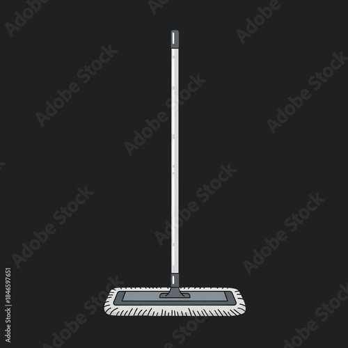 Illustration of a flat mop with a gray head and white fringes.