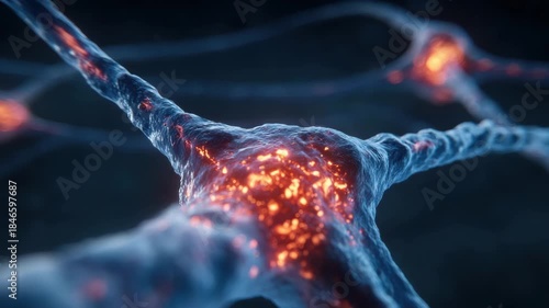 Detailed Blue Neuron Structure with Orange Light on Dark Background Shows Neural Activity