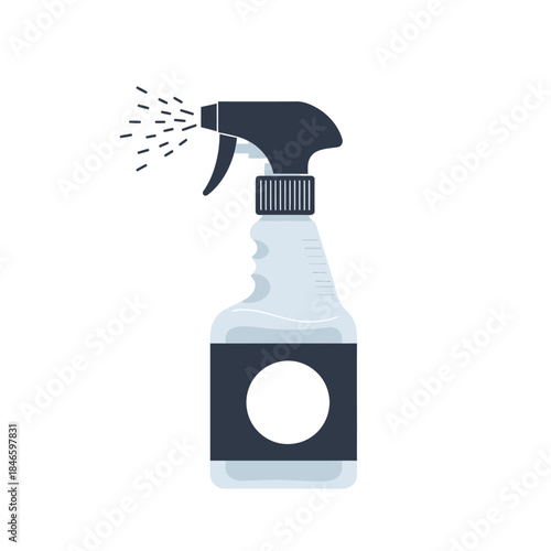 Spray bottle illustration depicting cleaning and sanitizing with liquid droplets.