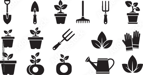 Gardening tools and plants icons set for landscaping projects