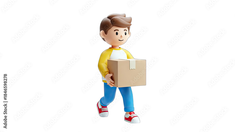 Obraz premium 3D Cartoon Boy Carrying a Package on White Background