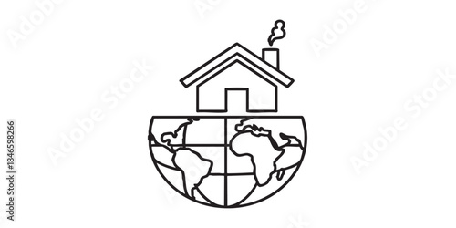 Half globe, house with chimney thin line icon, work from home concept, remote job vector sign on white background, outline style icon mobile concept web design. Vector graphics