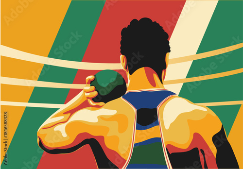 A shot putter is standing in position and is ready to throw. Vector illustration. Suitable for a banner, poster, and postcard.
