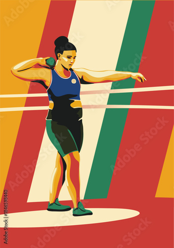 A female shot putter is standing in position and is ready to throw. Vector illustration. Suitable for a banner, poster, and postcard.