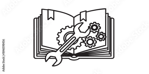 Book with wrench, mechanism gear thin line icon, user manual concept, guide with bookmarks vector sign on white background, outline style icon mobile concept web design. Vector graphics