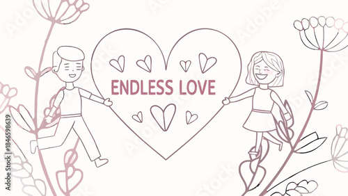 A charming minimalist line drawing of a romantic couple dancing amidst heart accents and flowers expressing endless love