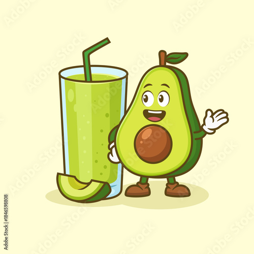 vector illustration of avocado juice drink and mascot beside it
