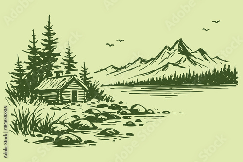 Cabin by lake vintage engraving landscape vector illustration