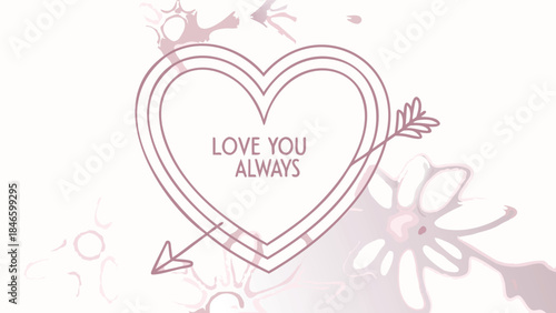 Monochrome minimalist heart and arrow design with love text and floral elements on white background
