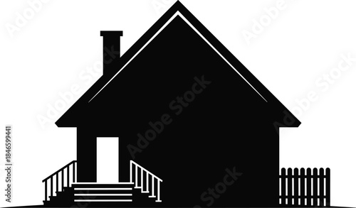 Black vector silhouette of a classic suburban family house with stairs, chimney, and picket fence isolated on a white background.