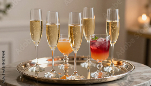 A silver tray with champagne flutes and colorful cocktails, In What Style: Elegant lifestyle photography with warm ambient lighting, In What Colors: Golden yellow, deep red and soft orange against mar