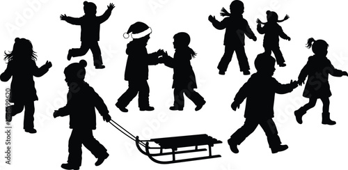 Winter children silhouettes, outdoor play, sledding fun, dancing kids, cold weather activity, seasonal joy, snow attire, holiday scene, childhood happiness, vector art