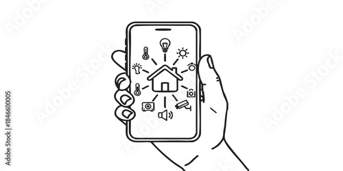 Smart Home app in phone thin line icon, house auto system concept, hand hold smartphone vector sign on white background, outline style icon mobile concept web design. Vector graphic