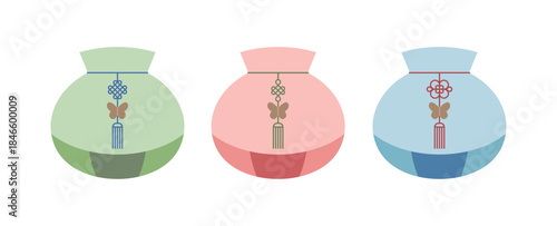 A traditional Korean lucky bag set featuring traditional decorative elements, including norigae knots and butterfly motifs. Ideal for Seollal (Lunar New Year) design and Asian promotional designs.