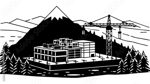 Modern building construction in mountainous landscape with crane