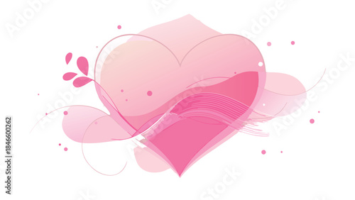 Romantic abstract heart silhouette in pastel pink tones with leafy accents and soft brush strokes on white background