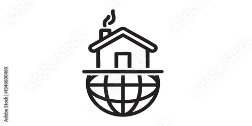 Half globe, house with chimney thin line icon, work from home concept, remote job vector sign on white background, outline style icon mobile concept web design. Vector graphics