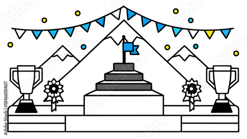 Victory celebration with trophies and flags on mountain backdrop