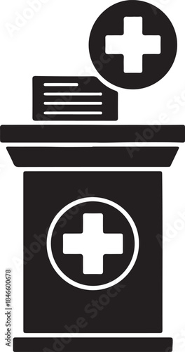 Black and white of a medical donation box with a cross symbol and a paper slip