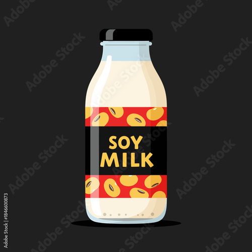 A bottle of soy milk with soybeans on the label.