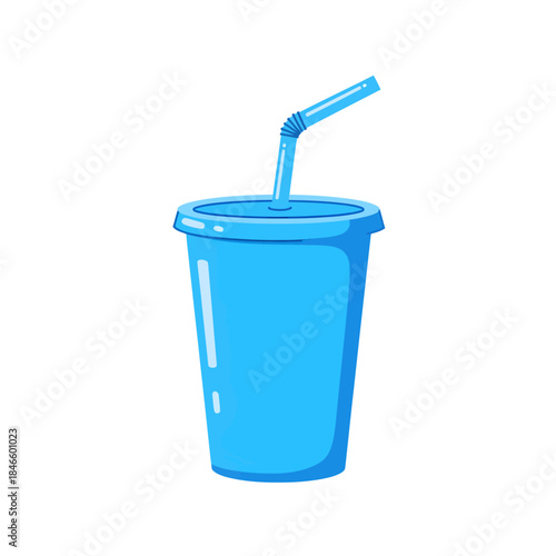 Blue plastic disposable cup with a lid and drinking straw.