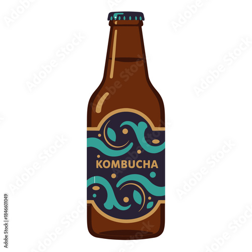 Brown glass bottle of kombucha with decorative label.