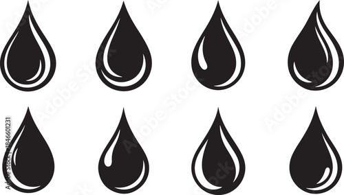 Set of eight black water droplets on white background