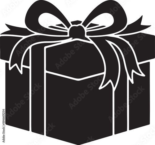 Black silhouette of a gift box with a bow, representing presents and celebrations Keywords: gift, present