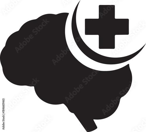 Black silhouette of a human brain with a crescent moon and medical cross symbol Keywords: brain, medical
