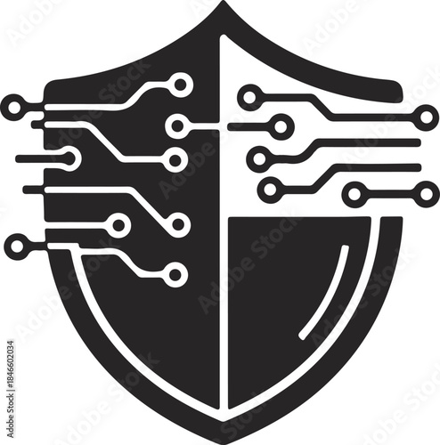 Digital shield with circuit board lines symbolizing cybersecurity data protection and network security