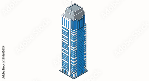 Modern isometric skyscraper building vector illustration on white background Cityscape architecture urban office tower blue gray icon