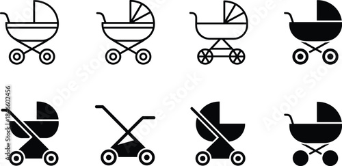 Baby stroller icons, black and white, pram silhouettes, modern buggy symbols, infant carriage graphics, vector design, UI elements, minimal style