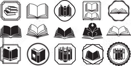 Black and white book icons for education and learning