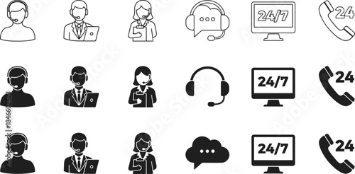 Customer support icons, call center graphics, help desk symbols, 24/7 service visuals, communication tools, headset agents, tech support illustrations