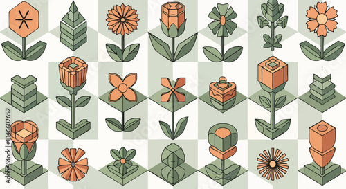 Modern isometric botanical pattern with abstract green and orange flowers vector seamless tile graphic nature abstract block design minimal