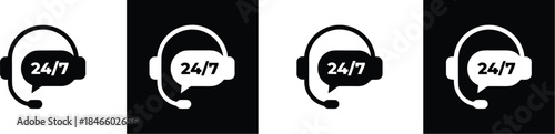 Customer, support, icon, headset, 24/7, service, assistance, help, communication, black, white, background, symbol, call, center, online, availability, contact, tech, agent