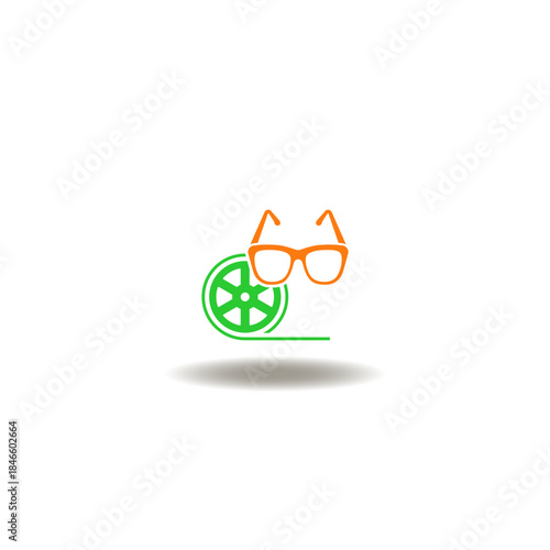Vector illustration of cinematographic film tape and 3D VR glasses. Symbol of home cinema. Icon of modern movie.