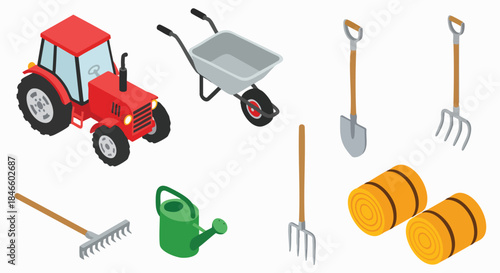 Isometric farm and garden tools equipment set agriculture collection Tractor Wheelbarrow Shovel Rake Wateringcan Haybale Rural Farming Cultivation Harvest