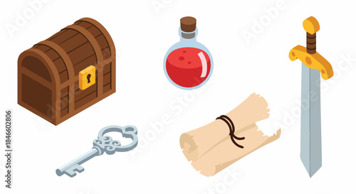 Isometric fantasy adventure game items collection vector treasure chest potion sword key scroll map rpg adventure