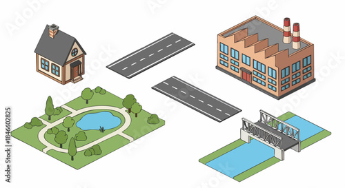 Isometric cartoon city town elements vector illustration kit house factory road park bridge pond building