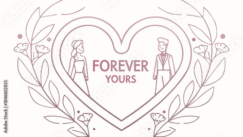 Couple silhouette in heart shaped frame with floral design and forever yours text