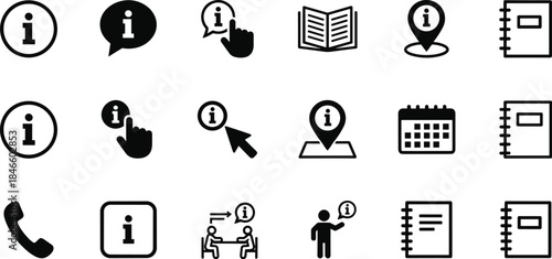 Information icon set, communication symbols, documentation icons, user interface elements, black glyphs, digital UI, vector design, web navigation