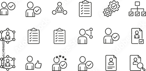 Human resources icons, task management symbols, organizational structure graphics, employee evaluation visuals, workflow planning elements, professional HR interface design