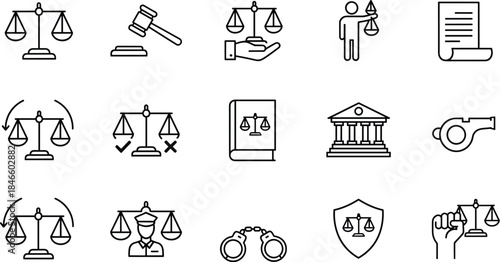 Law, justice, legal icons, balanced scale, gavel, courthouse, handcuffs, whistleblower, protection, advocacy, rights, enforcement, scroll, shield, protest, decision, authority, fairness, legal system